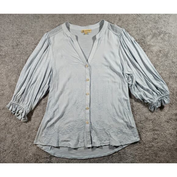 Democracy Brand Long Sleeve Floral Embroidered Boho Top Size Medium Blue - Picture 1 of 7